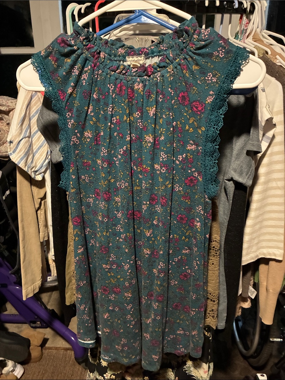 Eyeshadow Teal Floral Smocked Tank with Pink Rose Print
